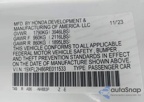 2024 Honda Civic Sport from USA, damaged, VIN 19XFL2H86RE011533
